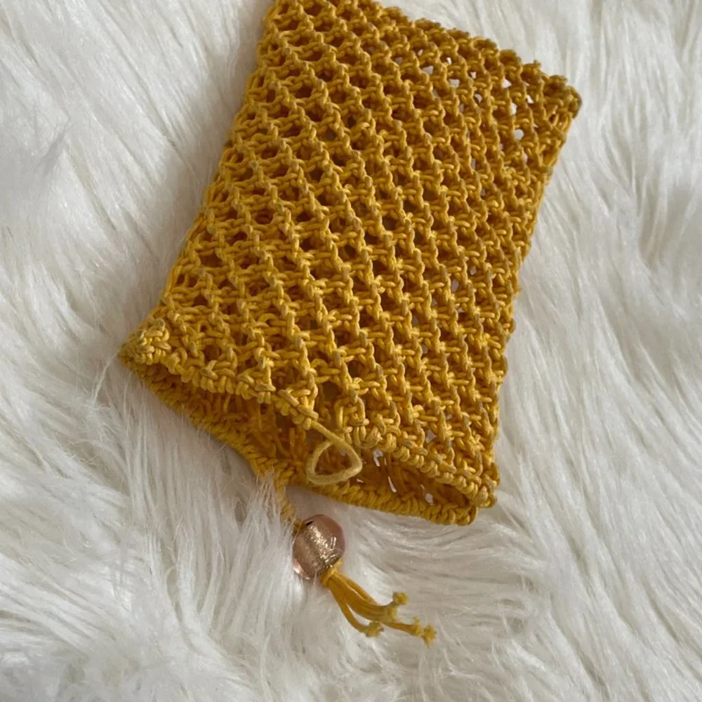 Yellow woven Macrame pouch for small cell phone